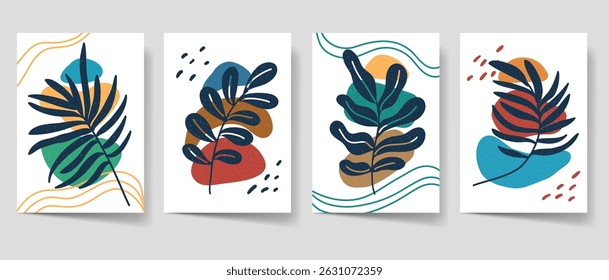 Aesthetic boho abstract art set for print, Floral bohemian wall decor, home decor. Leaves line art collection
