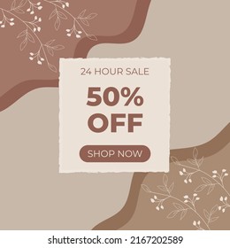 Aesthetic and boho banner sale 50%. Abstract modern background with brown colors and white flowers .Background with space for text. Floral banner template.