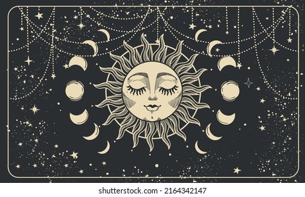 Aesthetic boho banner with sun face, moon phases and stars pattern. Magic print for astrology and tarot, bohemian design, tattoo, engraving, witch cover. Mystical hand drawing on a black background.