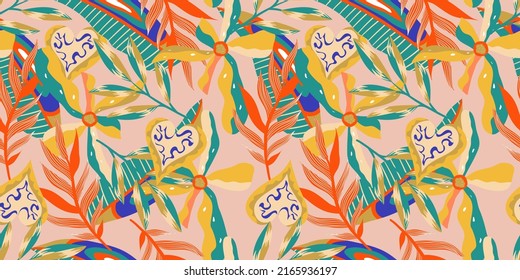 Patrón estético de la jungla boho para diseño de impresión. Fondo floral botánico tropical boho. Patrón exótico moderno de jungla floral. Textura geométrica. Diseño de impresión.