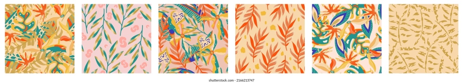 Aesthetic boho jungle seamless pattern set for print design. Boho botanical collection tropic floral background. Modern exotic floral jungle pattern. Geometric texture. Print design.