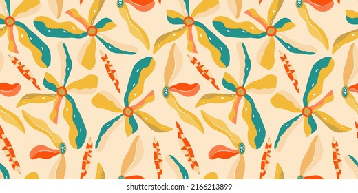 Ästhetischer Boho Dschungel nahtlos Muster für Print-Design. Boho botanischer tropischer floraler Hintergrund. Moderne exotische, florale Dschungelmuster. Geometrische Textur. Print-Design