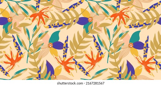 Aesthetic boho jungle seamless pattern for print design. Boho botanical tropic floral background. Modern exotic floral jungle pattern. Geometric texture. Print design.