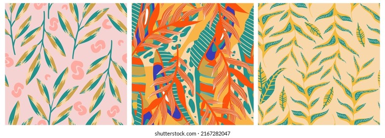 Ästhetischer Boho Dschungel nahtlos Muster für Print-Design. Boho botanische Sammlung tropischen floralen Hintergrund. Moderne exotische, florale Dschungelmuster. Geometrische Textur. Design drucken.