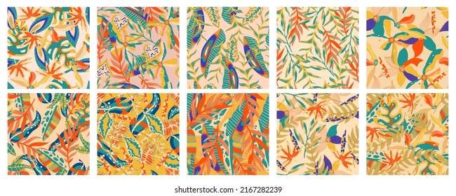 Aesthetic boho jungle seamless pattern set for print design. Boho botanical collection tropic floral background. Modern exotic floral jungle pattern. Geometric texture. Print design