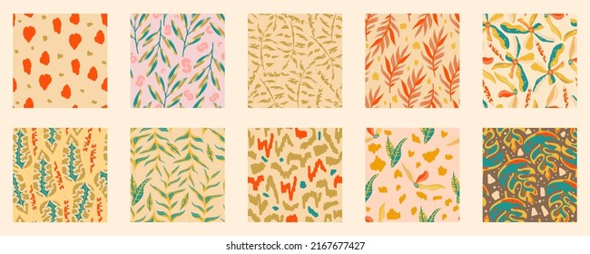 Aesthetic boho jungle seamless pattern set for print design. Boho botanical collection tropic floral background. Modern exotic floral jungle pattern. Geometric texture. Print design.