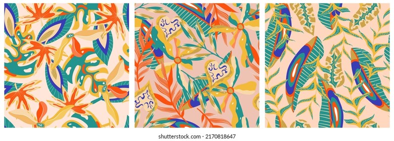 Aesthetic boho jungle seamless pattern set for print design. Boho botanical collection tropic floral background. Modern exotic floral jungle pattern. Geometric texture. Print design.