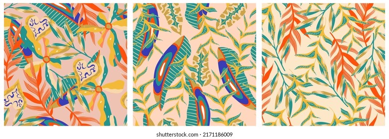 Estética de la jungla boho conjunto de patrones sin costuras para el diseño de impresión. Fondo floral tropical de colección botánica Boho. Patrón exótico moderno de jungla floral. Textura geométrica. Diseño de impresión.