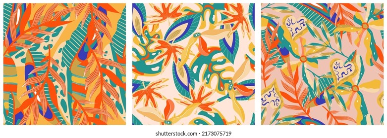 Aesthetic boho jungle seamless pattern set for print design. Boho botanical collection tropic floral background. Modern exotic floral jungle pattern. Geometric texture. Print design.