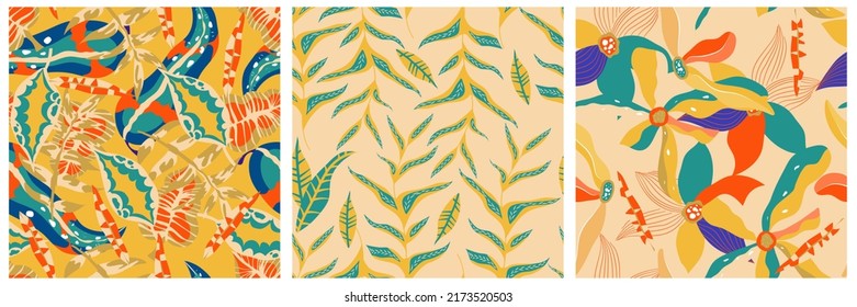 Aesthetic boho jungle seamless pattern set for print design. Boho botanical collection tropic floral background. Modern exotic floral jungle pattern. Geometric texture. Print design.