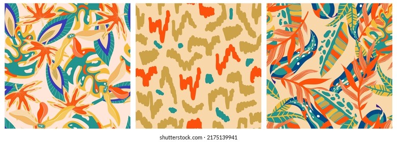 Aesthetic boho jungle seamless pattern set for print design. Boho botanical collection tropic floral background. Modern exotic floral jungle pattern. Geometric texture. Print design.