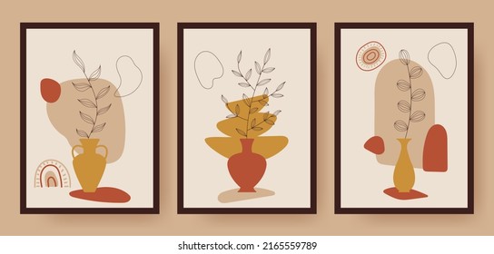 Aesthetic and boho poster set. Set with leaves, vases, rainbow and moon. Abstract contemporary aesthetic backgrounds. Boho wall decor. Modern art print.Vector illustration.
