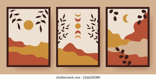 Aesthetic And Boho Poster Set. Set With Leaves, Mountains, Sun And Moon.Abstract Contemporary Aesthetic Backgrounds. Boho Wall Decor. Modern Art Print. Vector Illustration.