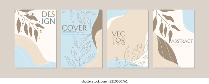 aesthetic boho style cover design set. hand drawn leaf design with pastel color abstract drawing. Universal cover Designs for book, Annual Report, Brochures, Flyers, Presentations, Leaflet, Magazine