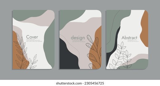 Aesthetic book cover mockup layout design with floral decoration. Vector illustration. abstract shape poster set. blob and line botanical elements.a4 size for trendy natural covers, catalogs, notebook