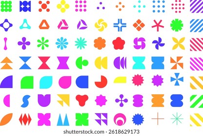 Aesthetic Brutalist Geometric Shape Grid Glyphs Patterns and Floral Icons in Neobrutalism Style for Creative Design