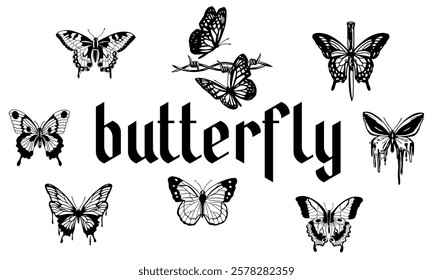 Aesthetic butterflies tribal  set, Black sketches vector hand drawn illustration, butterfly silhoette in trendy retro.