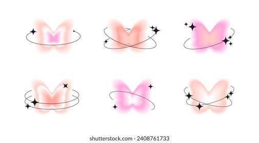 Aesthetic butterfly collection with blurry effect in y2k style. Modern abstract aura shapes in pastel colors. Vector