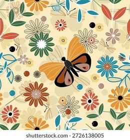 Estética, diseño de patrón de flores de mariposa, patrón floral sin fisuras, patrón de ramas de flores sin fisuras, patrón de flores sin fisuras con flores pequeñas de colores. Fondo plano simple de flores brillantes	