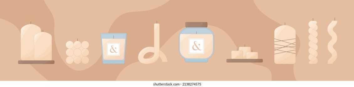 Decoración de velas estéticas. Diferentes formas y tamaños de velas interiores modernas. Velas en un frasco de cristal, velas en un pedestal de madera, velas orientales pequeñas de té. Estilo boho escandinavo.