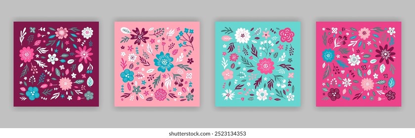 Aesthetic cards with floral pattern. Boho provence style print collection. Flower square compositions set. Use for rsvp wedding invitations, notebook, diary, notepad cover. EPS 10 vector illustration