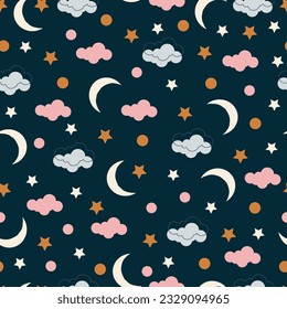 Aesthetic celestial seamless surface pattern. Exquisite bunch of whimsical scribble motifs and childish drawings. Allover print astral textured background of doodle stars, moons, clouds and polka dots