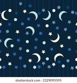 Aesthetic celestial seamless surface pattern. Exquisite bunch of whimsical scribble motifs and childish drawings. Allover print astral textured background of doodle stars, moons and polka dots. 