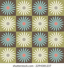 Aesthetic checkered Contemporary printable retro groovy flowers seamless pattern. Decorative Hippie Naive 60's, 70's style Vintage boho background in minimalist style for fabric, wallpaper or wrapping