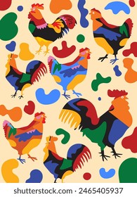 Aesthetic chicken, hen, rooster on colorful abstract background line art hand drawn vector illustration. Farm animal collection dessign for art, background, poster, cover and decoration.