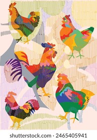 Aesthetic chicken, hen, rooster on colorful abstract background line art hand drawn vector illustration. Farm animal collection dessign for art, background, poster, cover and decoration.