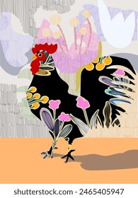 Aesthetic chicken, hen, rooster on colorful abstract background line art hand drawn vector illustration. Farm animal collection dessign for art, background, poster, cover and decoration.