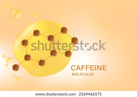 Aesthetic chocolate brown 3D molecule, nude beige background, caffeine extract serum formula. Beauty treatment nutrition skincare science wallpaper with copy space. Caffeine molecule structure icon.