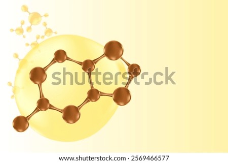 Aesthetic chocolate brown 3D molecule, light yellow background, caffeine extract serum formula. Beauty treatment nutrition skincare science wallpaper with copy space. Caffeine molecule structure icon.