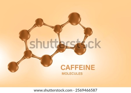 Aesthetic chocolate brown 3D molecule, nude beige background, caffeine molecule structure icon. Beauty nutrition skincare science wallpaper with copy space. Caffeine extract serum formula.