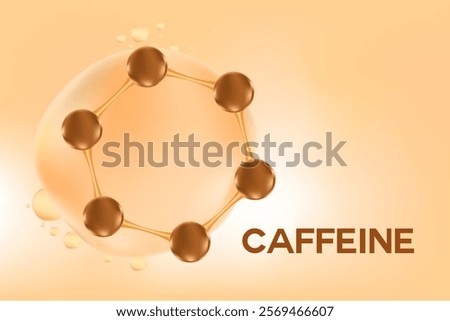 Aesthetic chocolate brown 3D molecule, nude beige background, caffeine extract serum formula. Beauty treatment nutrition skincare science wallpaper with copy space. Caffeine molecule structure icon.