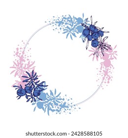 Aesthetic Circle Frame With Leaves Juniper branch. Floral Bohemian Tile. Vector floral background. Herbal plants.
