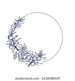 Aesthetic Circle Frame With Leaves Juniper branch. Floral Bohemian Tile. Vector floral background. Herbal plants.