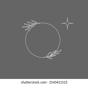 Aesthetic circle linear frame decorated with leaves and tree branches. Vector one line illustration.
