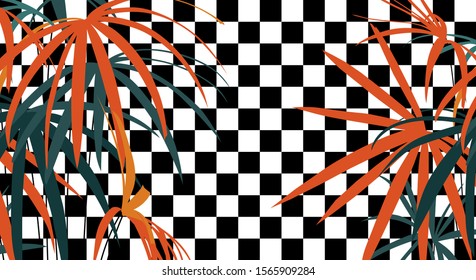 Aesthetic classic style of tropical leaves and black and white tiles wall background, simple flat two colors tropic nostalgic feelings