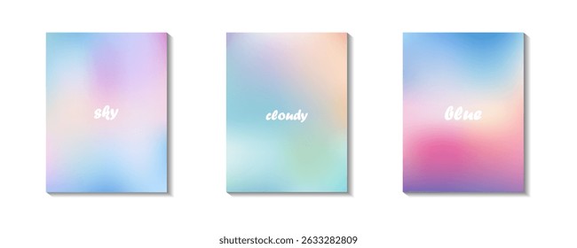 Aesthetic clear blue sky set. Summer season blue pastel colored vertical vector banner. Blurred sky gradient background. Simple soft light backdrop. Gradient template design for poster, social post