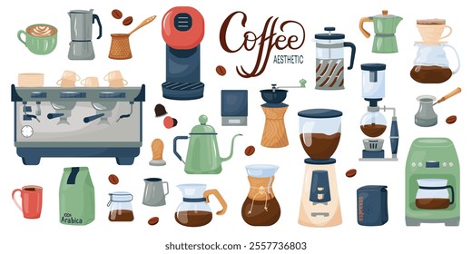 Aesthetic coffee set featuring variety of items. Brewing equipment: coffee machine, french press, grinder, cezve, moka. Cups and mugs. Flat vector illustrations collection for menu, cafe, coffee shop