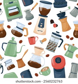 Aesthetic coffee vector seamless background. Coffee pattern featuring variety brewing equipment: french press, grinder, cezve, moka. Textile print design with cups mugs with Latte or Cappuccino drinks