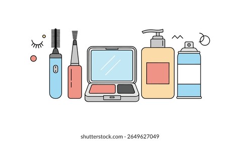 Coleção estética de produtos de beleza para higiene pessoal e rotinas de cuidados com a pele com maquiagem e ferramentas cosméticas para cuidados diários essenciais