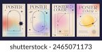 Aesthetic color gradient y2k posters. Abstract line shapes and frames on blurred pastel gradient vector background. Aesthetic aura planet with trendy minimalist art stars, orbits, sparkles and arches