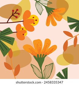 Aesthetic colorful abstract plants and flowers, floral, hand drawn vector illustration background. Design for wall art, decoration, print, poster, cover and wallpaper.