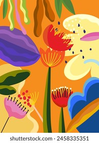 Aesthetic colorful abstract plants and flowers, floral, hand drawn vector illustration background. Design for wall art, decoration, print, poster, cover and wallpaper.