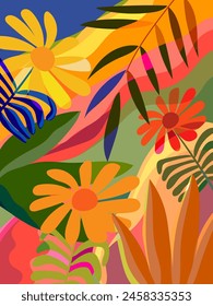 Aesthetic colorful abstract plants and flowers, floral, hand drawn vector illustration background. Design for wall art, decoration, print, poster, cover and wallpaper.