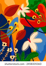 Ästhetische bunte abstrakte Pflanzen und Blumen, florale, handgezeichnete Vektorillustration Hintergrund. Design für Wandkunst, Dekoration, Druck, Poster, Cover und Bildschirmhintergrund.