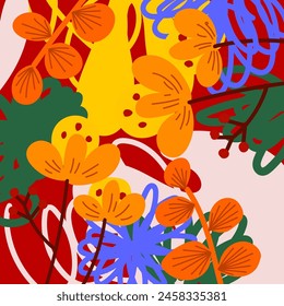 Aesthetic colorful abstract plants and flowers, floral, hand drawn vector illustration background. Design for wall art, decoration, print, poster, cover and wallpaper.