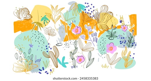 Aesthetic colorful abstract plants and flowers, floral, hand drawn vector illustration background. Design for wall art, decoration, print, poster, cover and wallpaper.